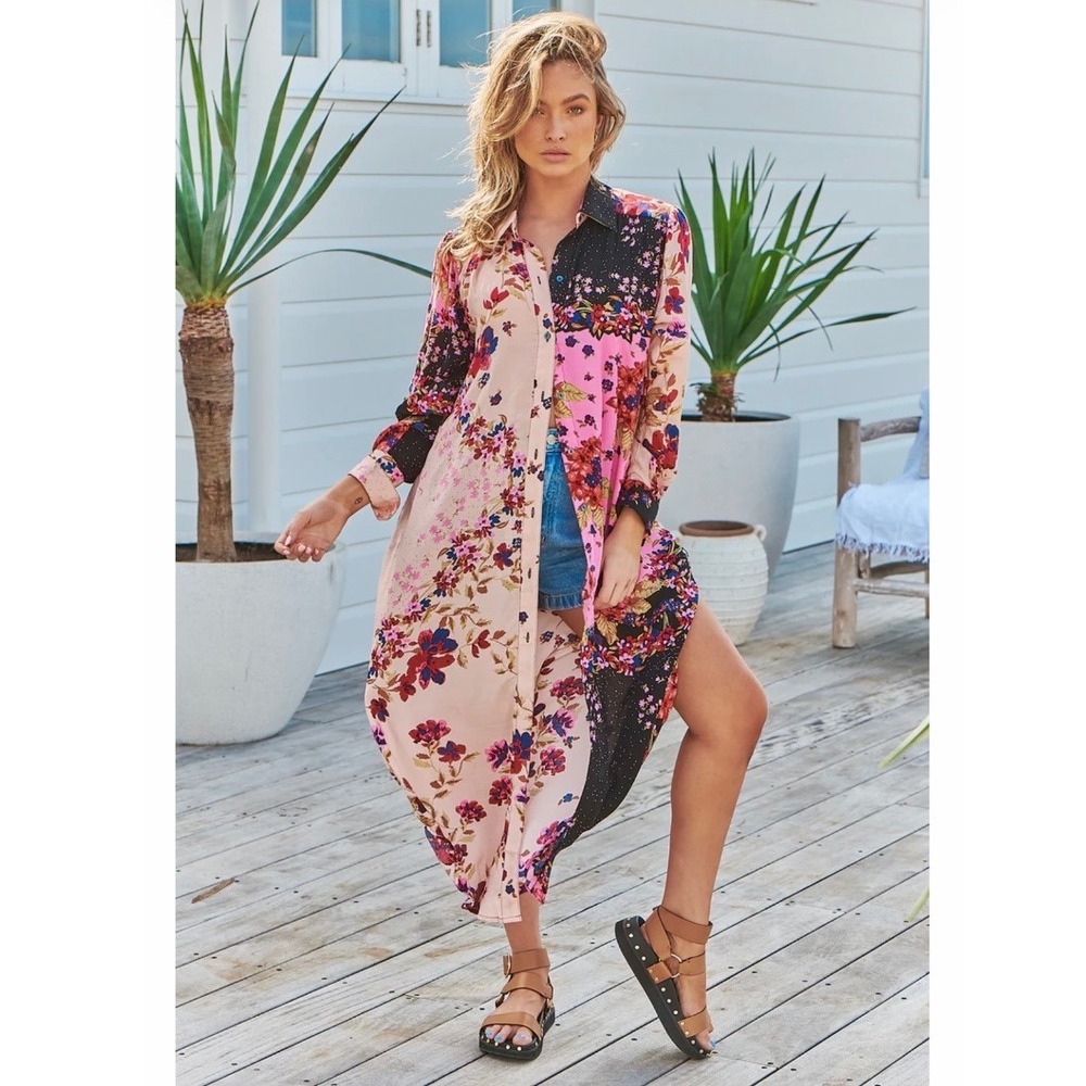 Free People Jackie Printed Floral Maxi Patchwork Button Up Duster Vintage S Boho